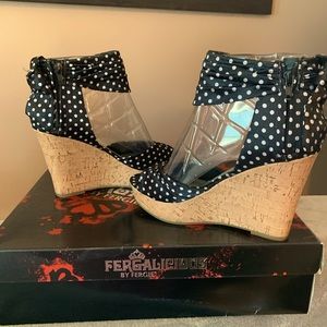 Navy blue & white polka dots & cork platform heel
